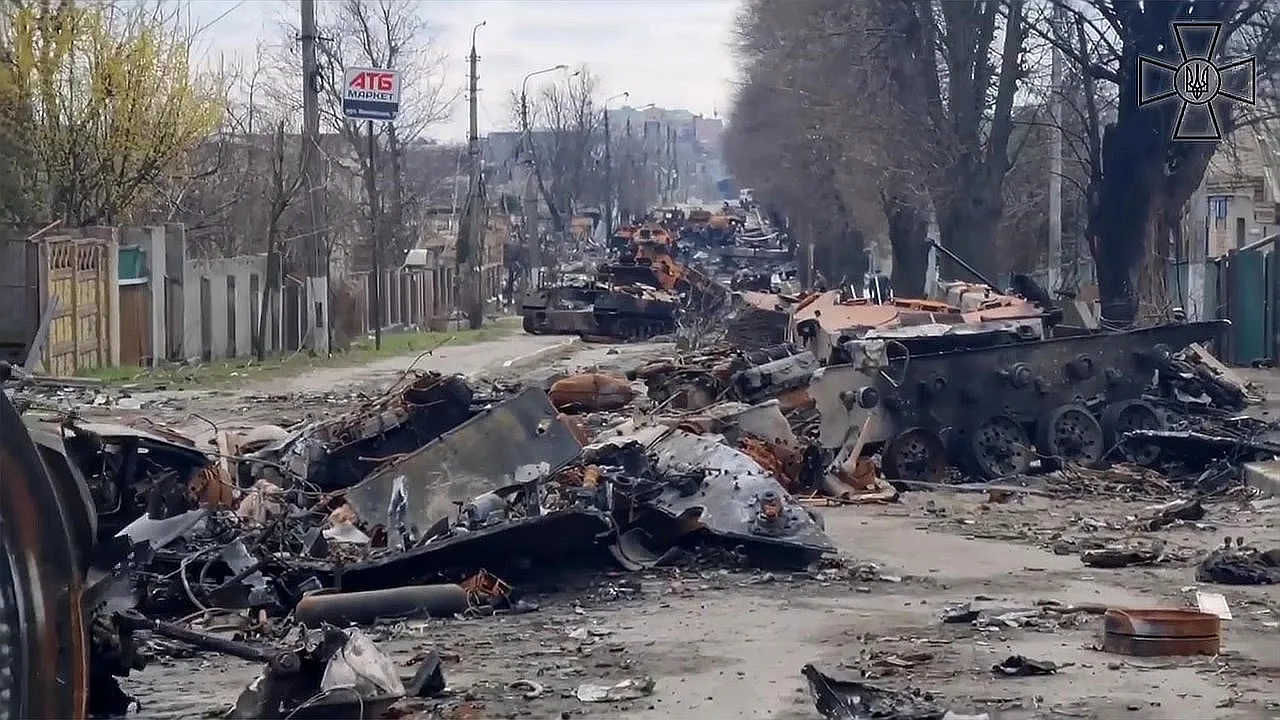 Destroyed Russian armored vehicles on the main street of Bucha, April 6, 2022.